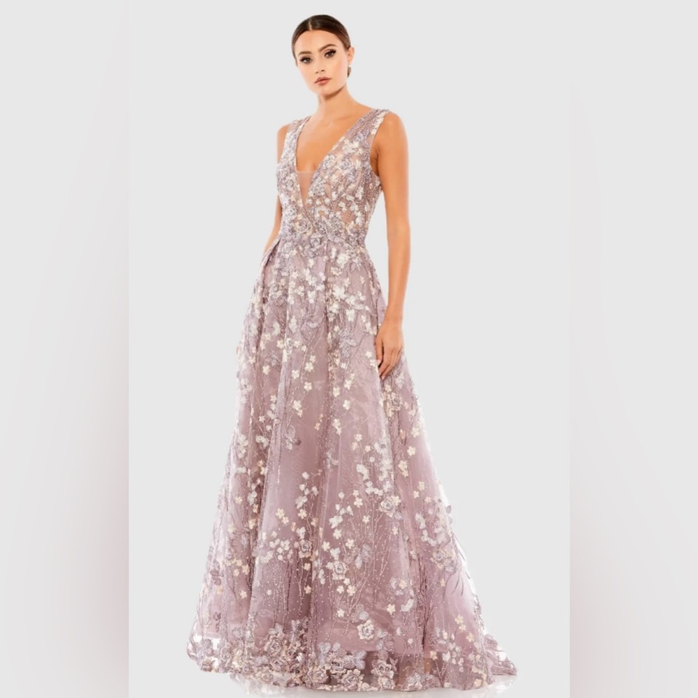 Mac Duggal Purple Floral Embroidered Illusion V-Neck Gown